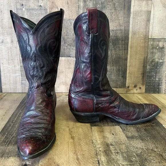 Tony Lama Vintage Ostrich Wingtip Black Cherry Cowboy Boots Mens 12 D