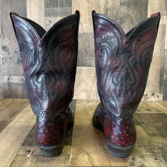 Tony Lama Vintage Ostrich Wingtip Black Cherry Cowboy Boots Mens 12 D