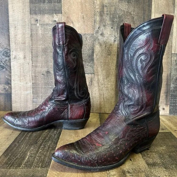 Tony Lama Vintage Ostrich Wingtip Black Cherry Cowboy Boots Mens 12 D