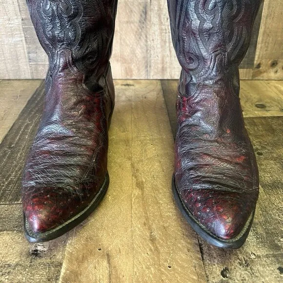 Tony Lama Vintage Ostrich Wingtip Black Cherry Cowboy Boots Mens 12 D