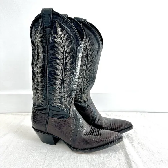 Tony Lama Vintage Teju Lizard Chocolate Brown Cowboy Boots Womens 5.5