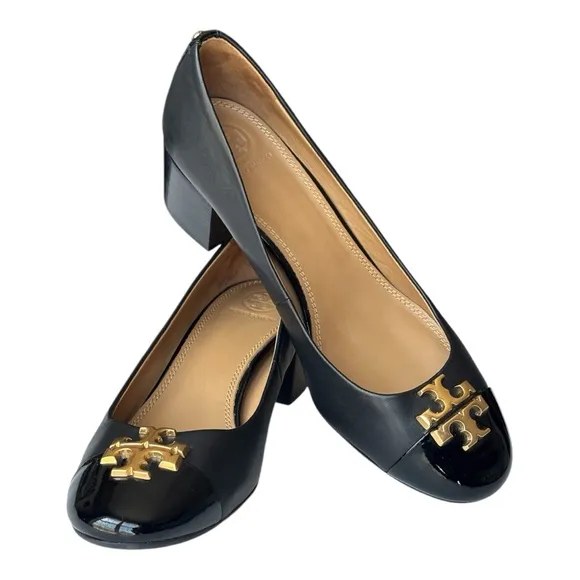 Tory Burch Black Everly Cap Toe pump style shoe with 2” block heel | 8.5