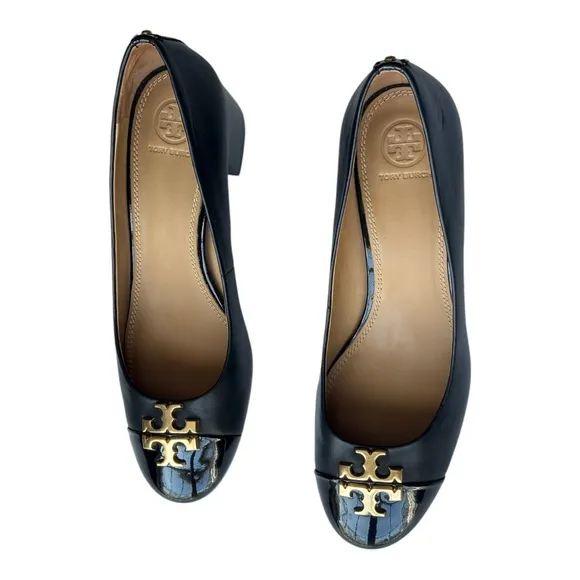 Tory Burch Black Everly Cap Toe pump style shoe with 2” block heel | 8.5