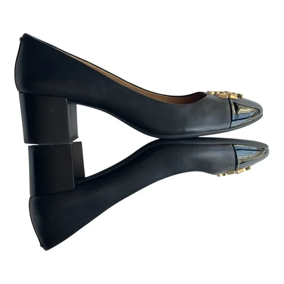 Tory Burch Black Everly Cap Toe pump style shoe with 2” block heel | 8.5
