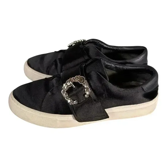 Tory Burch Greer Fashion Sneaker Rhinestone Buckle Satin Leather Black Women's 7