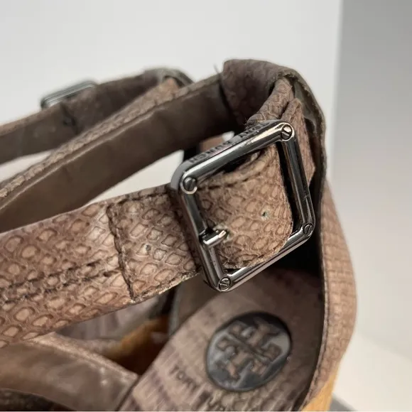 Tory Burch Jeanine Tumbled Snake Leather Wedge Heels Sandals 7