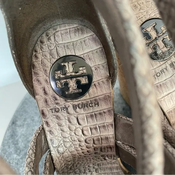 Tory Burch Jeanine Tumbled Snake Leather Wedge Heels Sandals 7