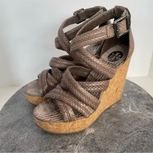 Tory Burch Jeanine Tumbled Snake Leather Wedge Heels Sandals 7