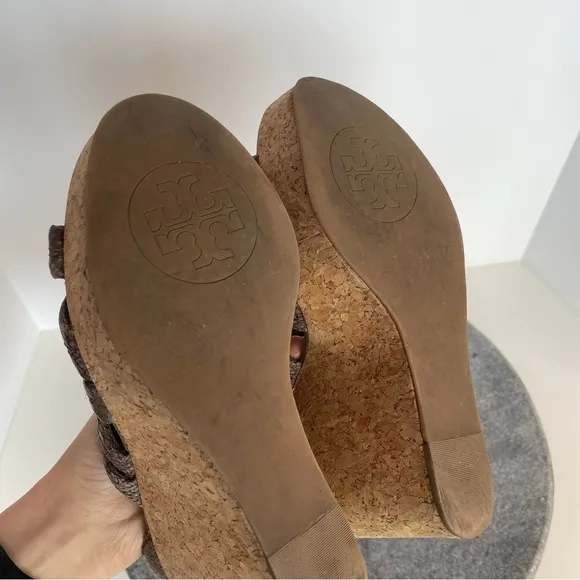Tory Burch Jeanine Tumbled Snake Leather Wedge Heels Sandals 7