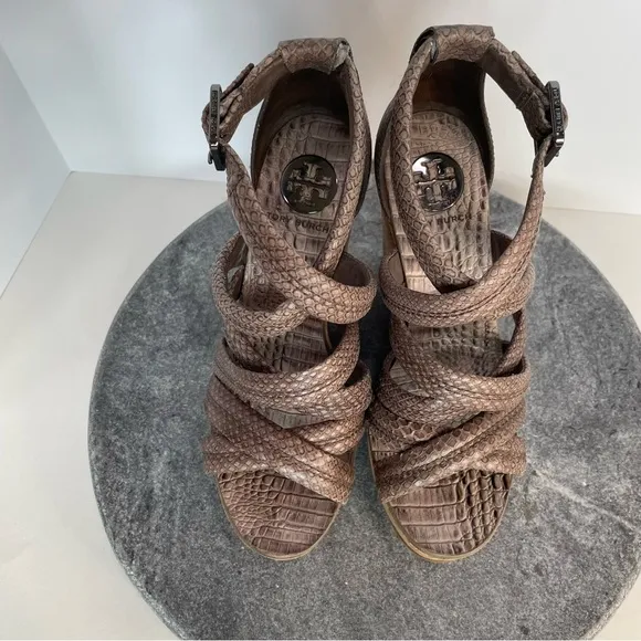 Tory Burch Jeanine Tumbled Snake Leather Wedge Heels Sandals 7