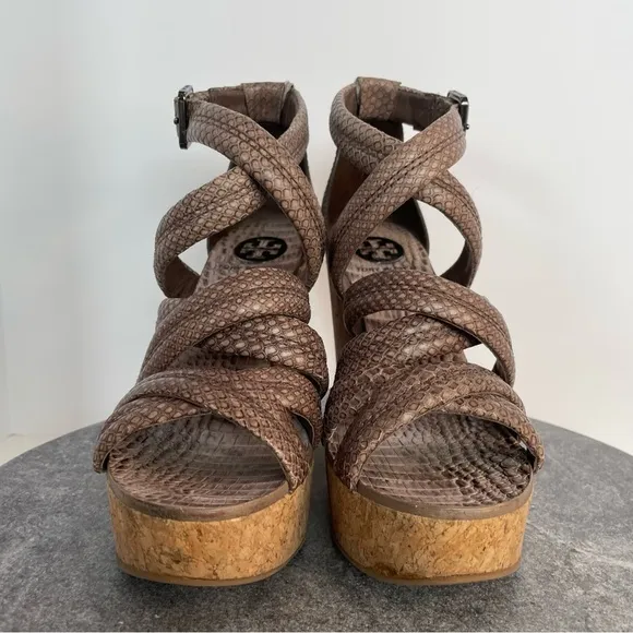 Tory Burch Jeanine Tumbled Snake Leather Wedge Heels Sandals 7
