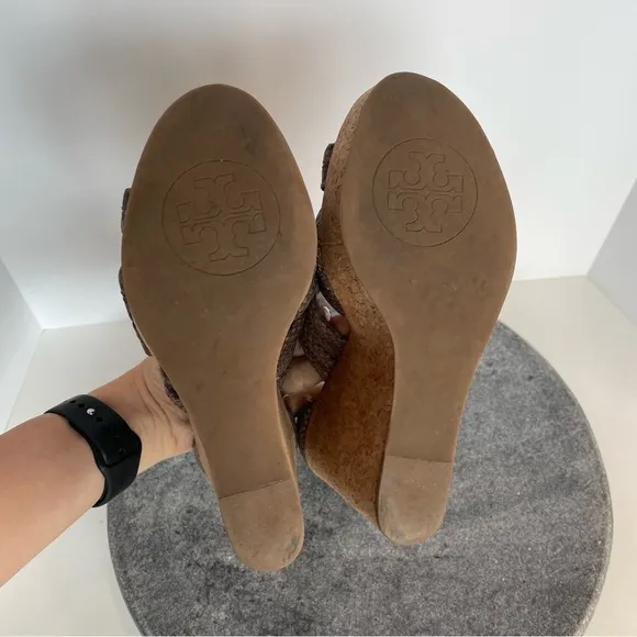 Tory Burch Jeanine Tumbled Snake Leather Wedge Heels Sandals 7