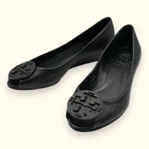 Tory Burch Kitty Tumbled Black Leather Open-Toe Slip-on Shoes 6M Low Heel‎ 1.25&quot;