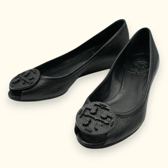 Tory Burch Kitty Tumbled Black Leather Open-Toe Slip-on Shoes 6M Low Heel‎ 1.25&quot;