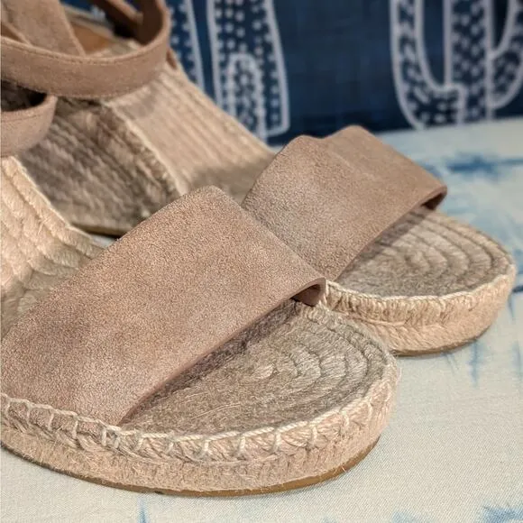 Tory Burch Laurel Suede Leather Espadrille Wedge Sandals Tan Women's Size 10