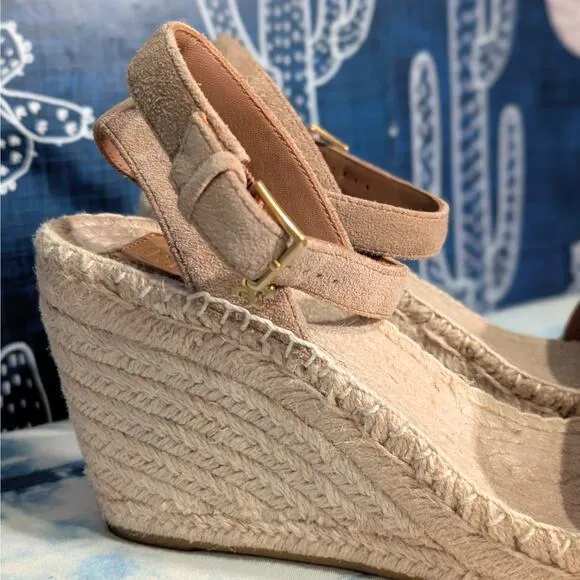 Tory Burch Laurel Suede Leather Espadrille Wedge Sandals Tan Women's Size 10