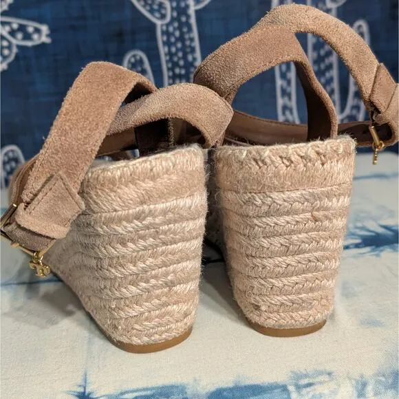 Tory Burch Laurel Suede Leather Espadrille Wedge Sandals Tan Women's Size 10