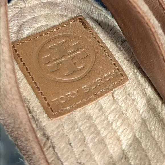 Tory Burch Laurel Suede Leather Espadrille Wedge Sandals Tan Women's Size 10