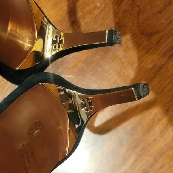 Tory Burch Triangle Slingback Black Leather/Suede Pumps w Gold Heels