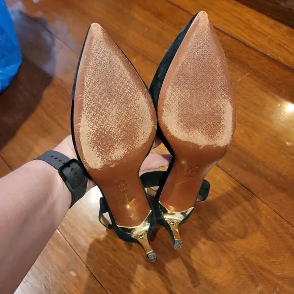 Tory Burch Triangle Slingback Black Leather/Suede Pumps w Gold Heels