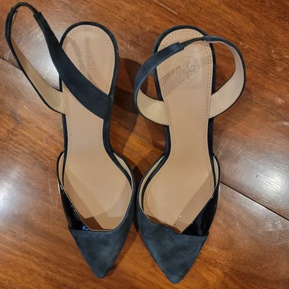 Tory Burch Triangle Slingback Black Leather/Suede Pumps w Gold Heels
