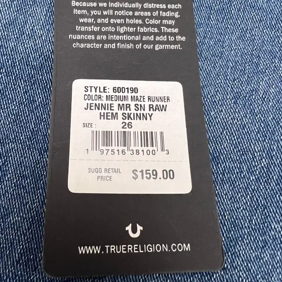 True Religion Women's Jeans Jennie Curvy Mid Rise Super Skinny Size 26 Raw Hem