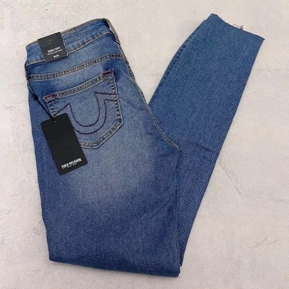 True Religion Women's Jeans Jennie Curvy Mid Rise Super Skinny Size 26 Raw Hem