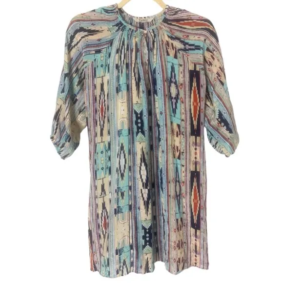 Tucker NYC S/P 100% Silk Colorful Aztec Western Boho Festival Printed Dress