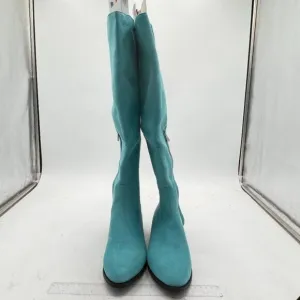Turquoise Over The Knee Thigh High Boot Closed Toe Chunky Low Heel Side Zip Shoe