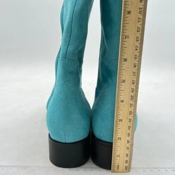 Turquoise Over The Knee Thigh High Boot Closed Toe Chunky Low Heel Side Zip Shoe