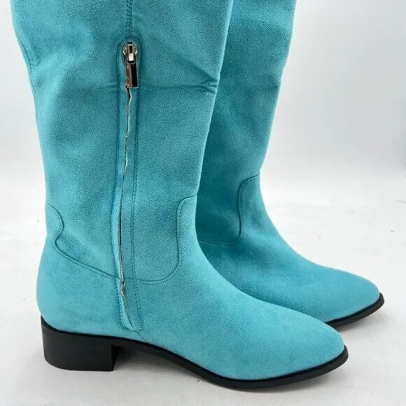 Turquoise Over The Knee Thigh High Boot Closed Toe Chunky Low Heel Side Zip Shoe