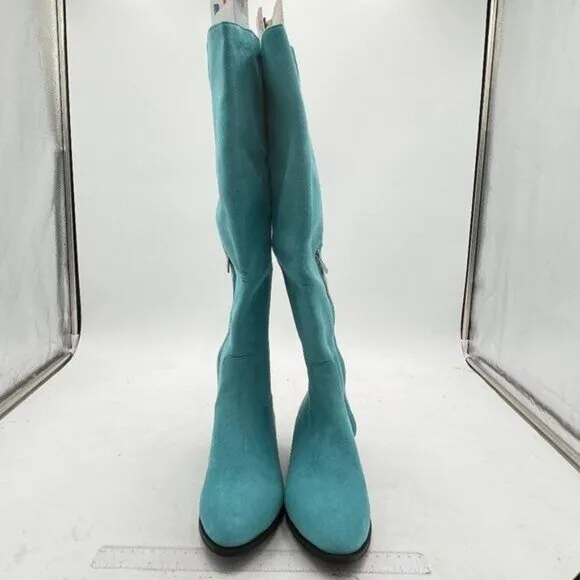 Turquoise Over The Knee Thigh High Boot Closed Toe Chunky Low Heel Side Zip Shoe