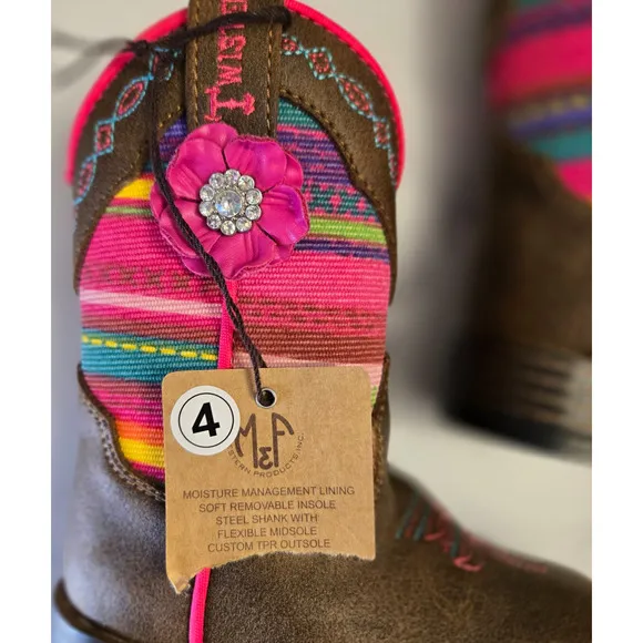 Twister Girls Camilla Western Cowgirl Boots 4 Brown Pink Embellished Cowboy Boho