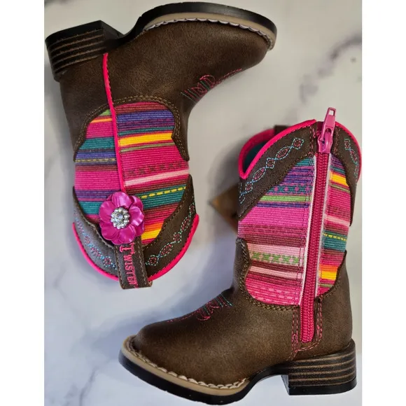 Twister Girls Camilla Western Cowgirl Boots 4 Brown Pink Embellished Cowboy Boho
