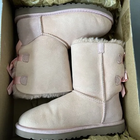 UGG Boots Bailey Bow Pink Suede Wool Coquette Rare Collectors Sz 5 Women Girls