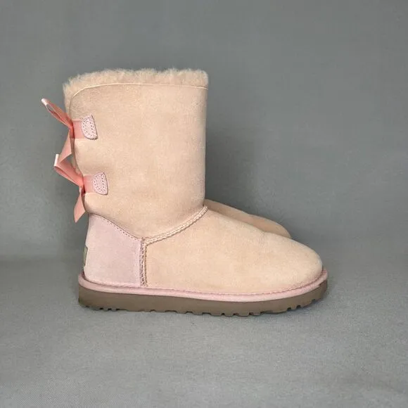 UGG Boots Bailey Bow Pink Suede Wool Coquette Rare Collectors Sz 5 Women Girls