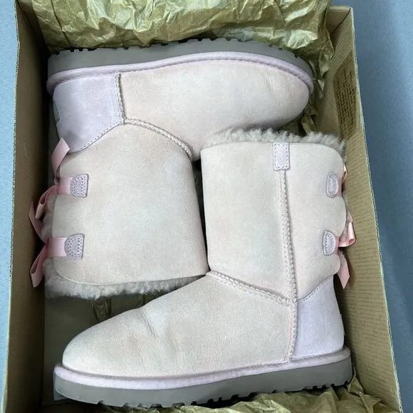 UGG Boots Bailey Bow Pink Suede Wool Coquette Rare Collectors Sz 5 Women Girls