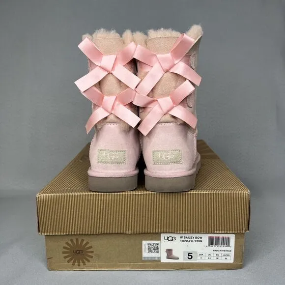 UGG Boots Bailey Bow Pink Suede Wool Coquette Rare Collectors Sz 5 Women Girls