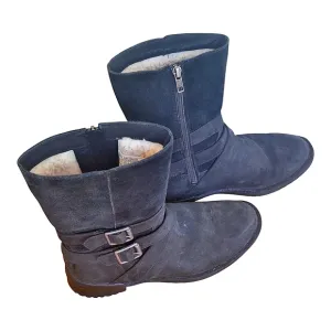 UGG Lorna Moto Boho Buckle Detailed Zip Boots 6.5 Black Waterproof Leather EUC