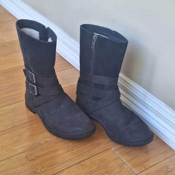 UGG Lorna Moto Boho Buckle Detailed Zip Boots 6.5 Black Waterproof Leather EUC