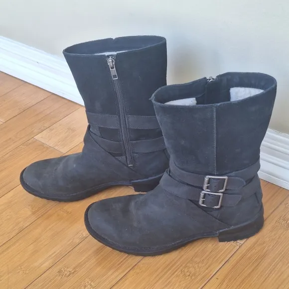 UGG Lorna Moto Boho Buckle Detailed Zip Boots 6.5 Black Waterproof Leather EUC