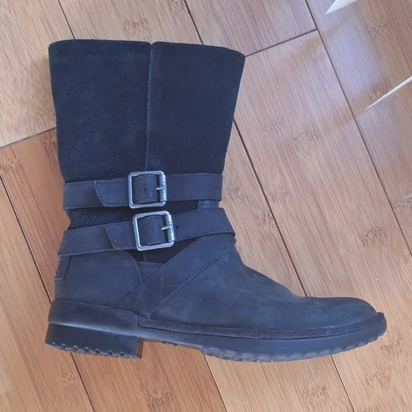 UGG Lorna Moto Boho Buckle Detailed Zip Boots 6.5 Black Waterproof Leather EUC