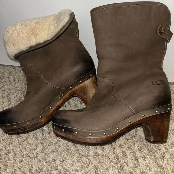 Ugg Lynnea Clog Ankle Boots sz 5 Shearling‎ Studded Wood Heel Two Tone Boho Gorp