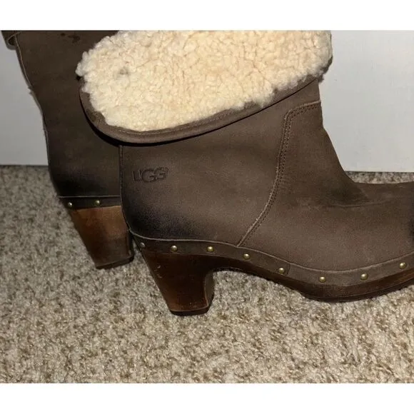 Ugg Lynnea Clog Ankle Boots sz 5 Shearling‎ Studded Wood Heel Two Tone Boho Gorp