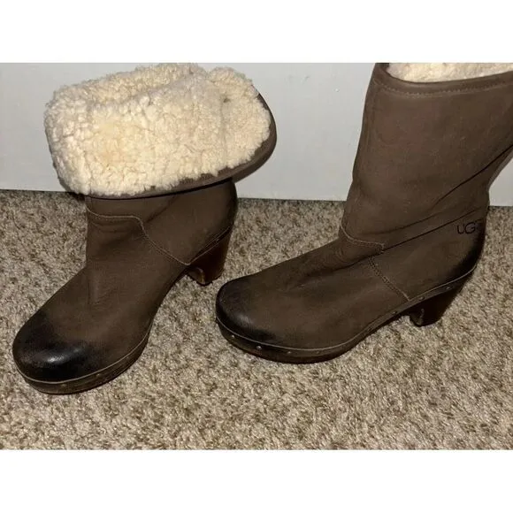 Ugg Lynnea Clog Ankle Boots sz 5 Shearling‎ Studded Wood Heel Two Tone Boho Gorp
