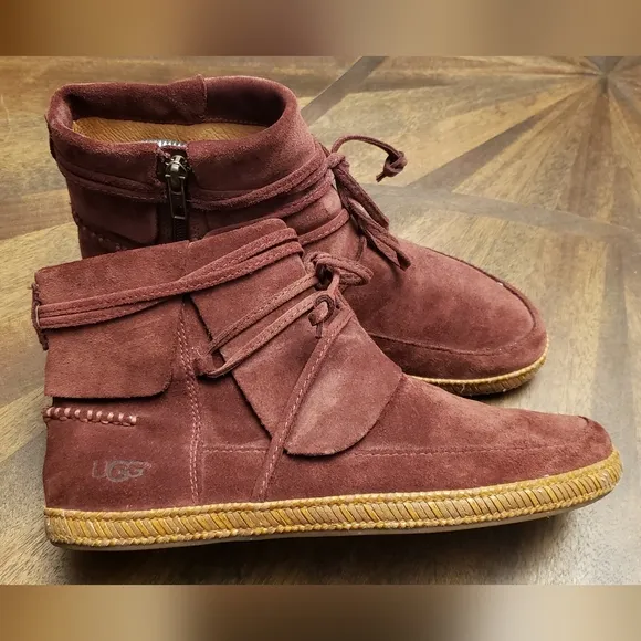 UGG Women's Reid Suede Ankle Boots - Burgundy, Size 7.5