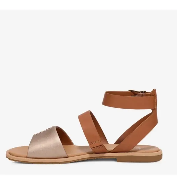 UGG Zahara Chestnut Metallic Gold Leather Stappy Ankle Strap Flat Sandals