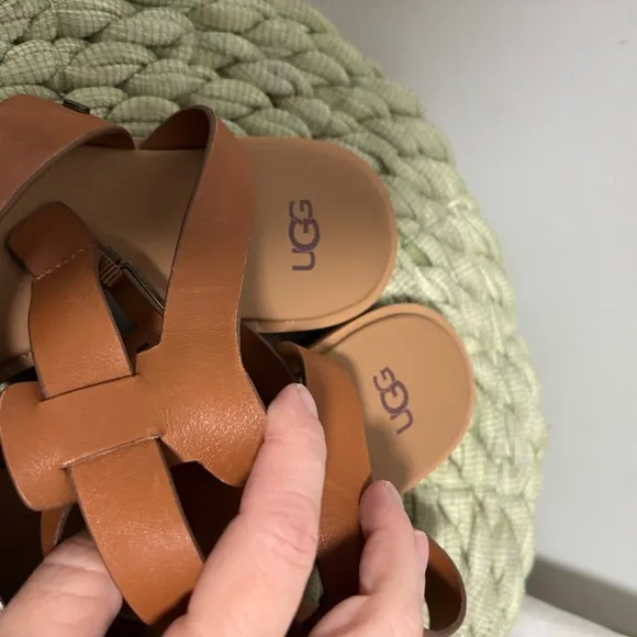 UGG Zahara Chestnut Metallic Gold Leather Stappy Ankle Strap Flat Sandals