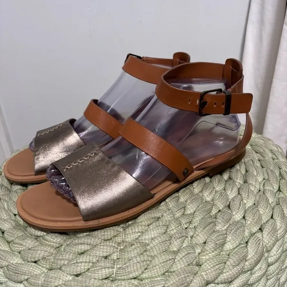 UGG Zahara Chestnut Metallic Gold Leather Stappy Ankle Strap Flat Sandals