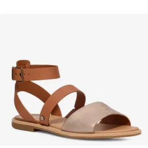 UGG Zahara Chestnut Metallic Gold Leather Stappy Ankle Strap Flat Sandals